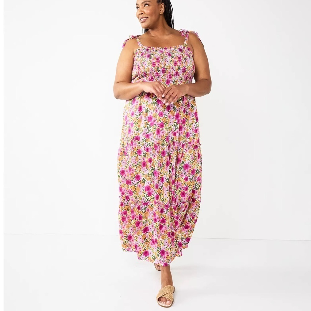 DRAPER JAMES RSVP Floral Tie Strap Ruffled Tiers Smocked Top Maxi Dress XL VGC